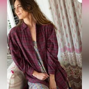 Natural Life Plaid Flannel Long-Sleeve Tunic Button-Down Shirt Red Womens Size L